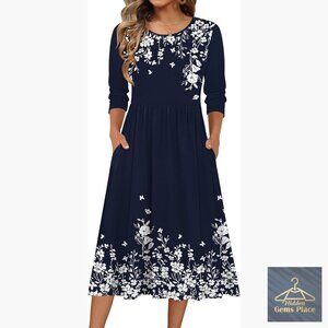Midi Dress with Pockets, 3/4 Sleeve, A-Line, Casual Flowy T-Shirt Dress